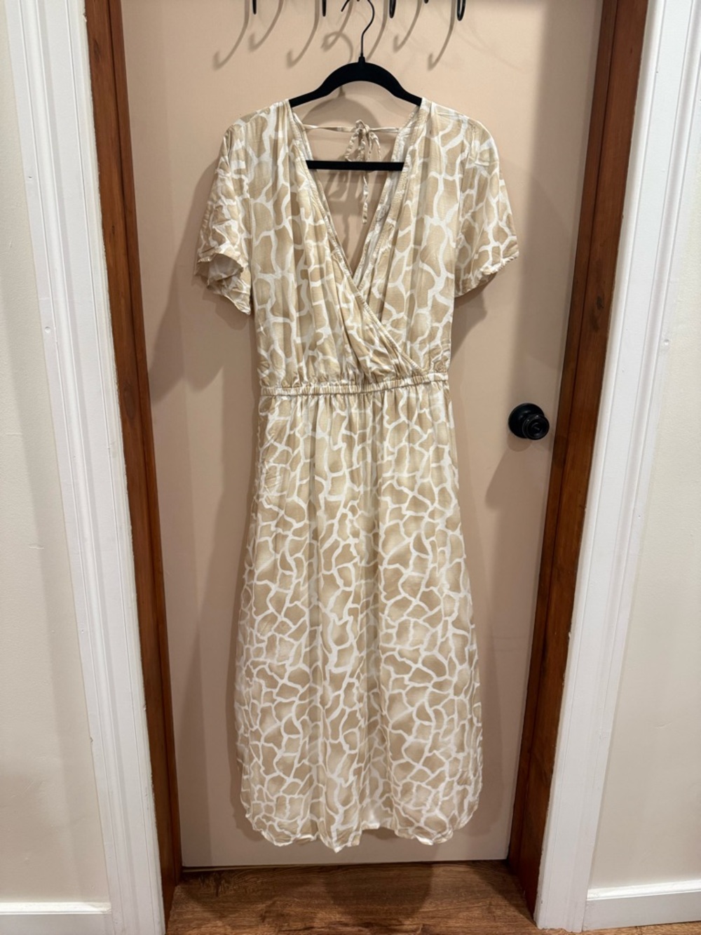 LOFT Beige and White Wrap-Style Midi Dress